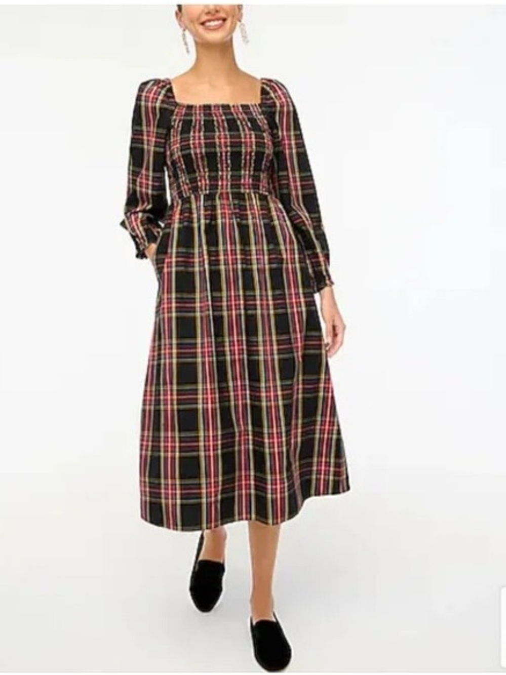 Plaid Square-Neck Midi Dress in Black and Red | J Crew Factory | XS